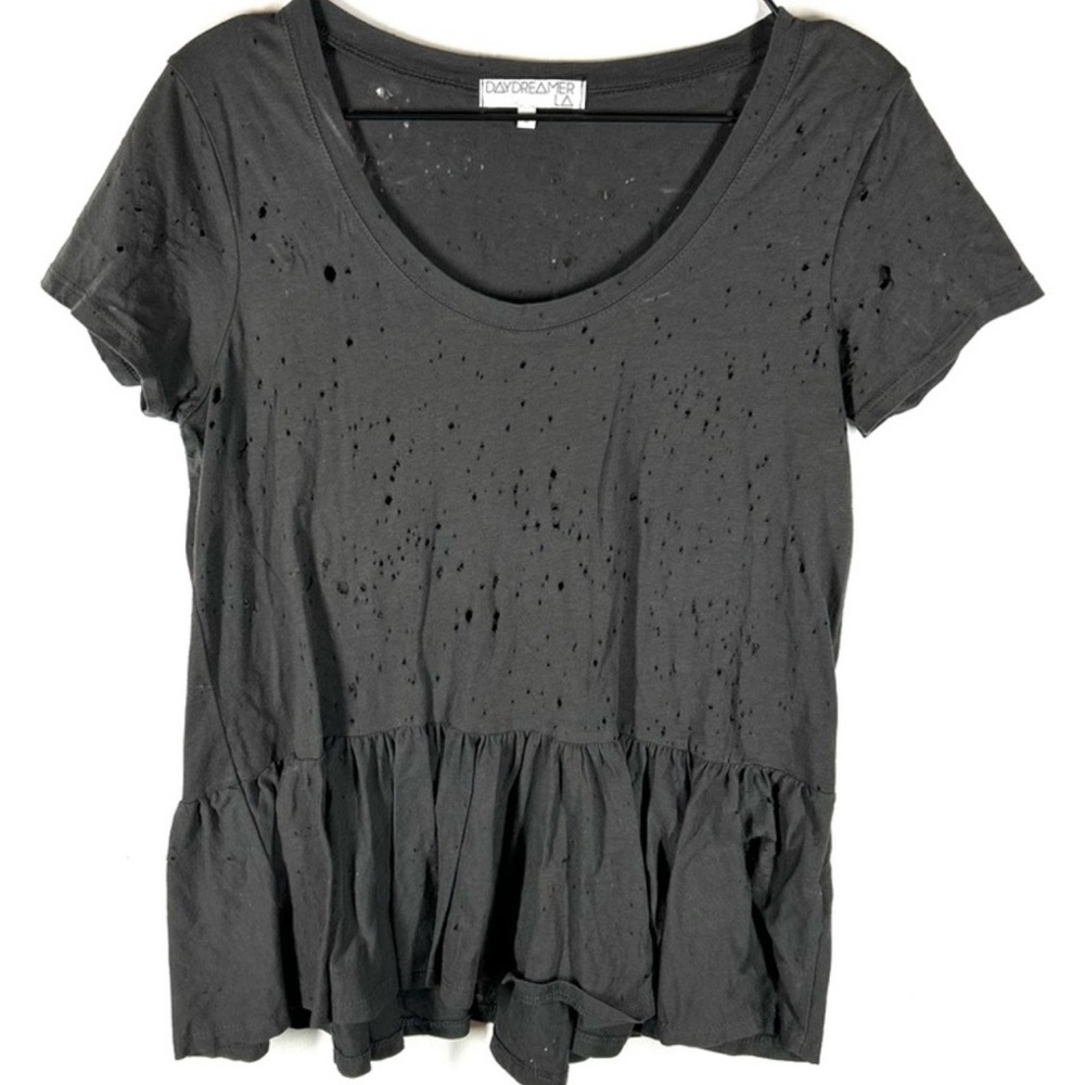Daydreamer LA Distressed Peplum Tee Gray Short Sleeve M
